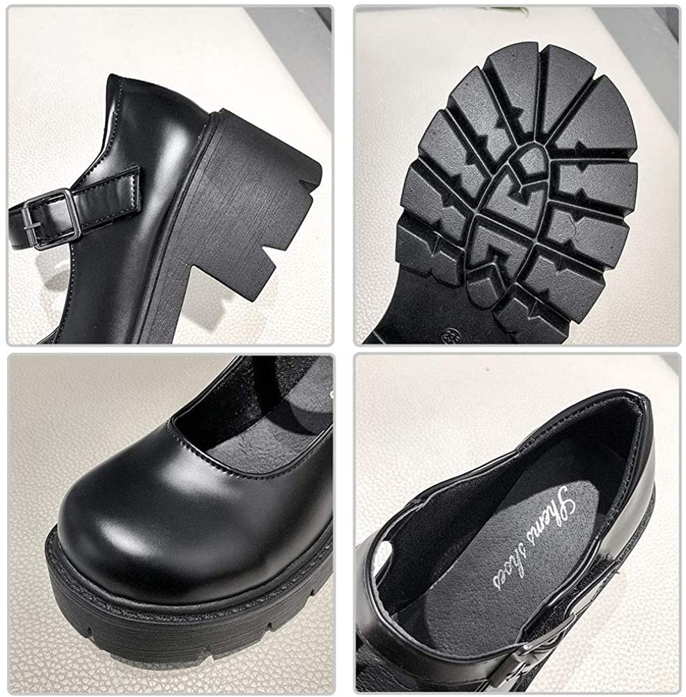 Women's Platform Mary Janes Chunky Heel Ankle Strap Uniform Dress Shoes Heeled Gothic Lolita Oxfords (7.5, Single Strap-Matt Black)