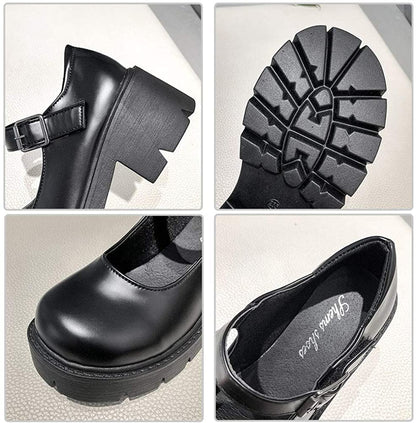 Women's Platform Mary Janes Chunky Heel Ankle Strap Uniform Dress Shoes Heeled Gothic Lolita Oxfords (7.5, Single Strap-Matt Black)