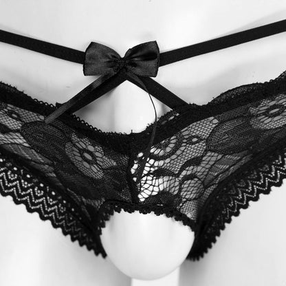 Hedmy Men's Sexy Lingerie Sissy Gay Thongs Briefs Underwear Bow Ultra Low Rise Crossdresser Panties Black X-Large
