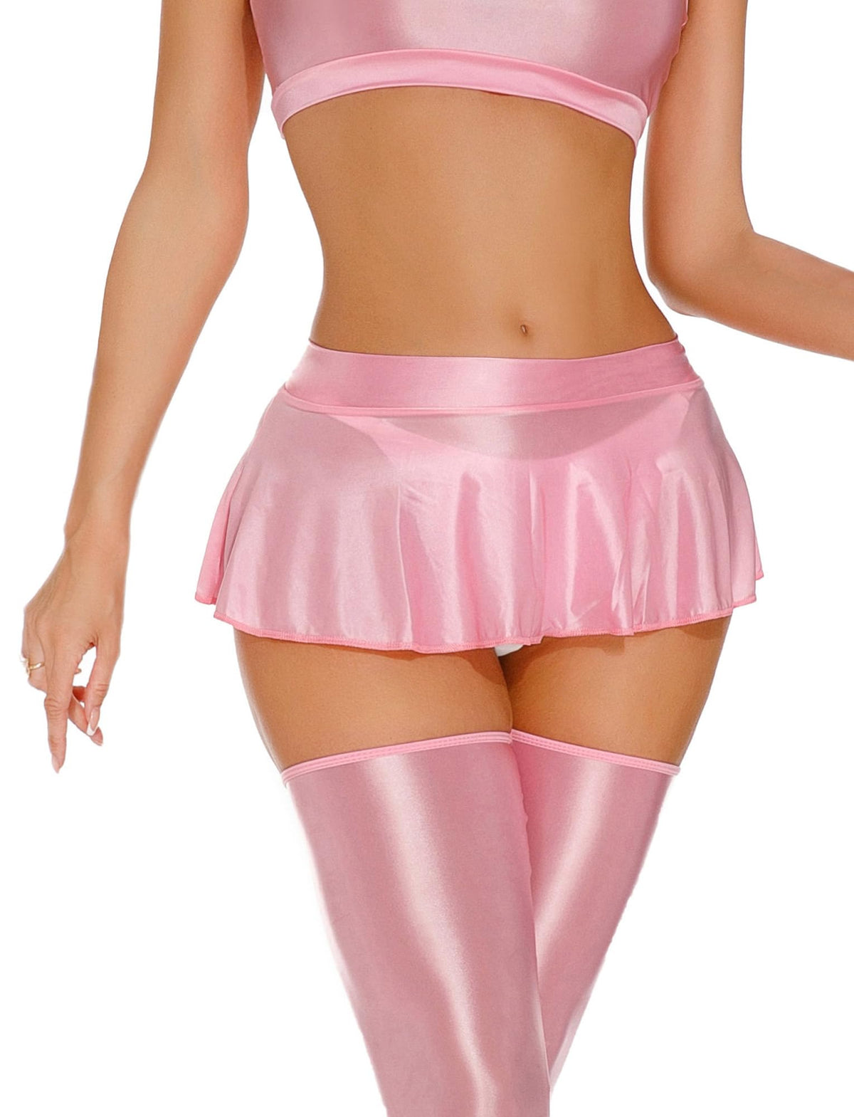 SissyGlossy Stretchy Mini Skirt Low Waist Shiny Oil Mini A-Line Pencil Skirts Novelty Pleated Skirt Solid Ruffle Sheer Skirt Pink XL