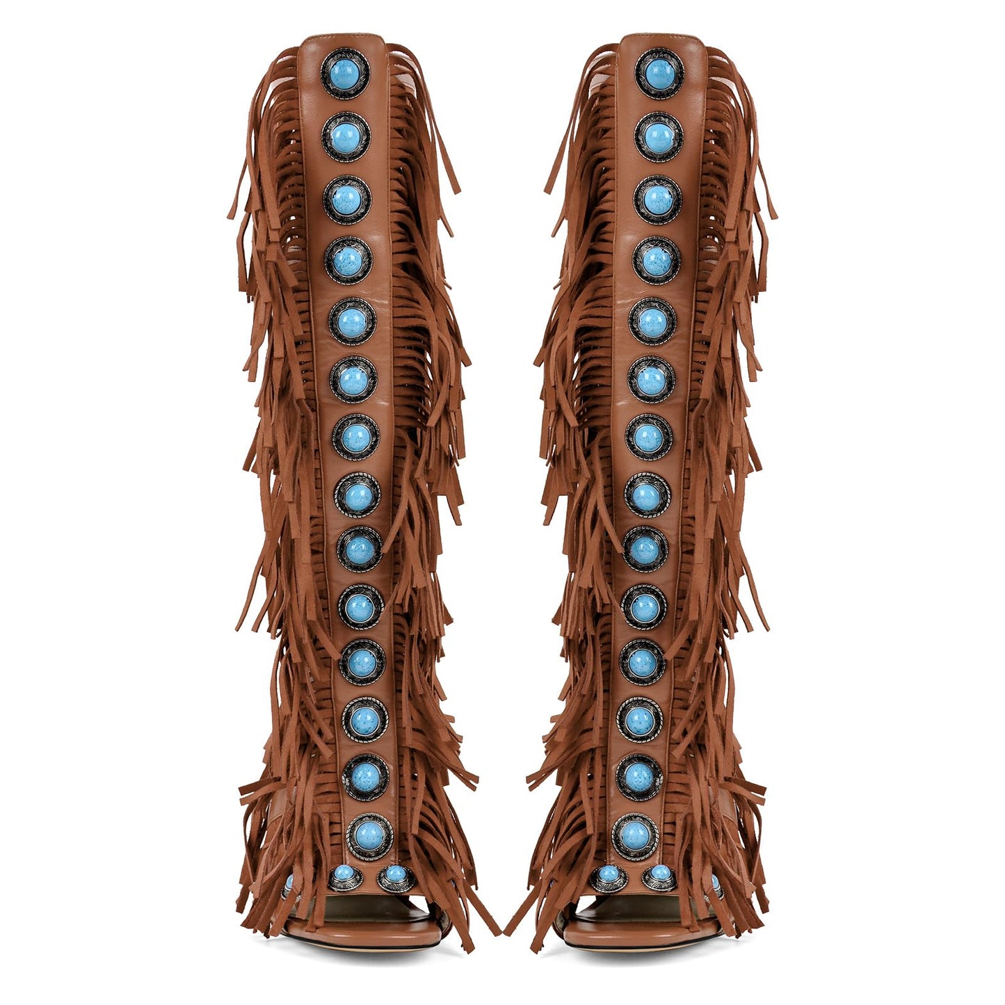 Richealnana Women's Fringe Studded Jewel Zipper Open Toe Knee High Sandals Stilettos Tassel Shoes For Party Prom Brown US 9