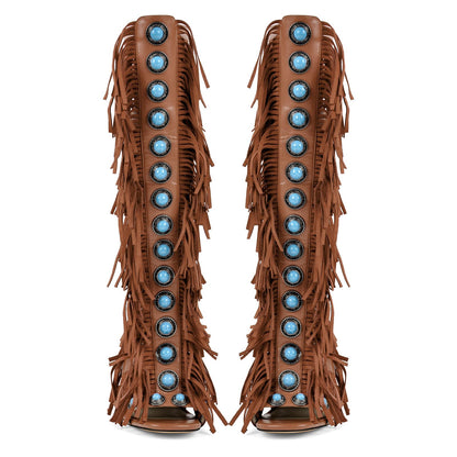 Richealnana Women's Fringe Studded Jewel Zipper Open Toe Knee High Sandals Stilettos Tassel Shoes For Party Prom Brown US 9