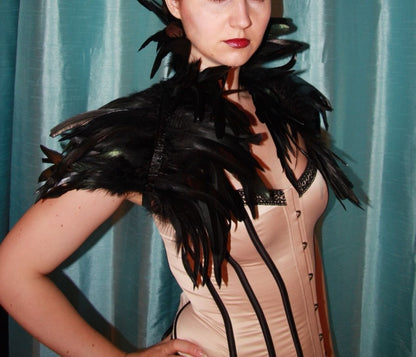 Victorian Real Natural Feather Shrug Shawl Shoulder Wrap Cape Gothic Collar (Black)