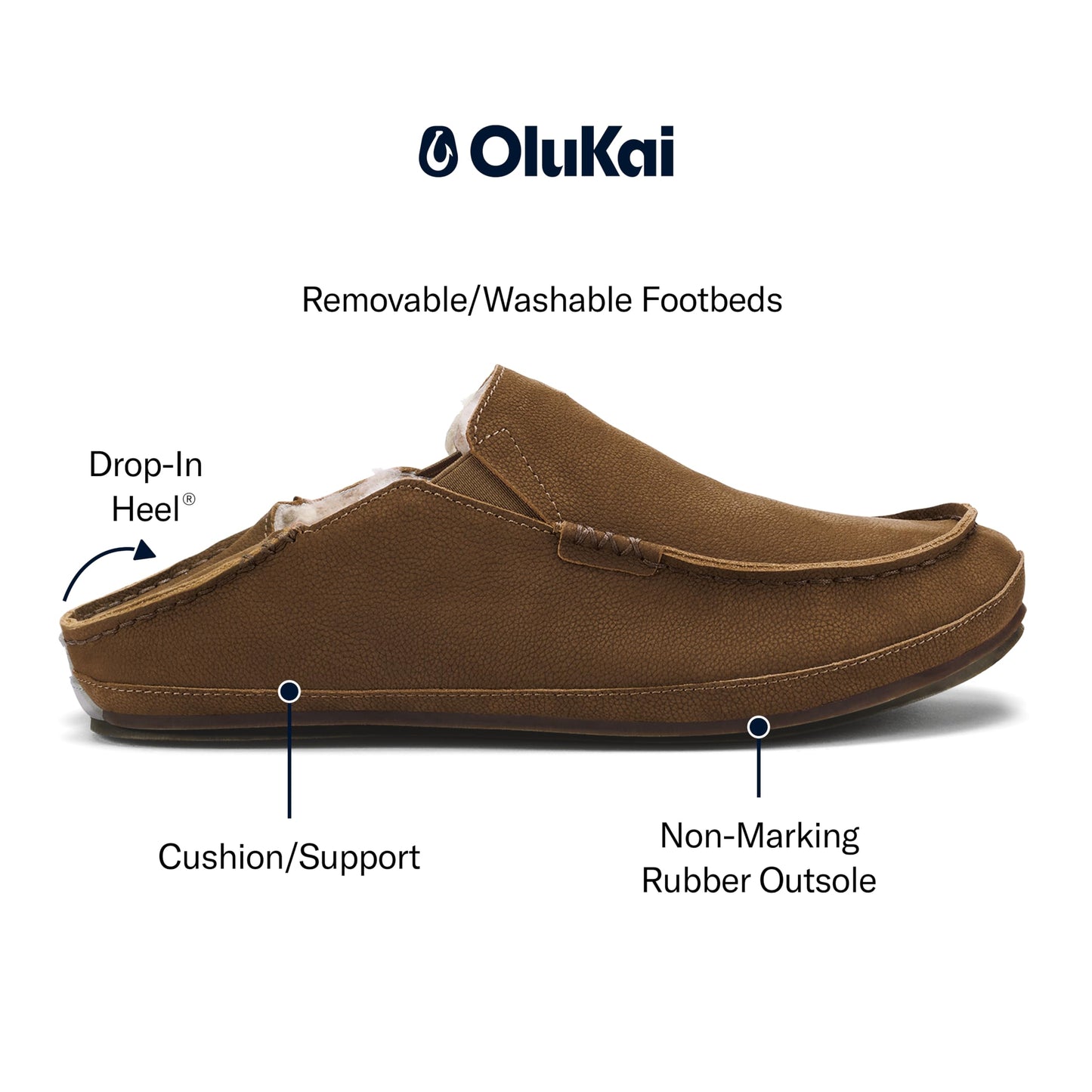 OLUKAI Moloa Slipper, Men's Premium Leather Slip-On Shoes, Soft Genuine Shearling Lining & Gel Insert, Drop-In Heel & All-Day Comfort, Kona Coffee/Kona Coffee, 9