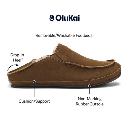 OLUKAI Moloa Slipper, Men's Premium Leather Slip-On Shoes, Soft Genuine Shearling Lining & Gel Insert, Drop-In Heel & All-Day Comfort, Kona Coffee/Kona Coffee, 9