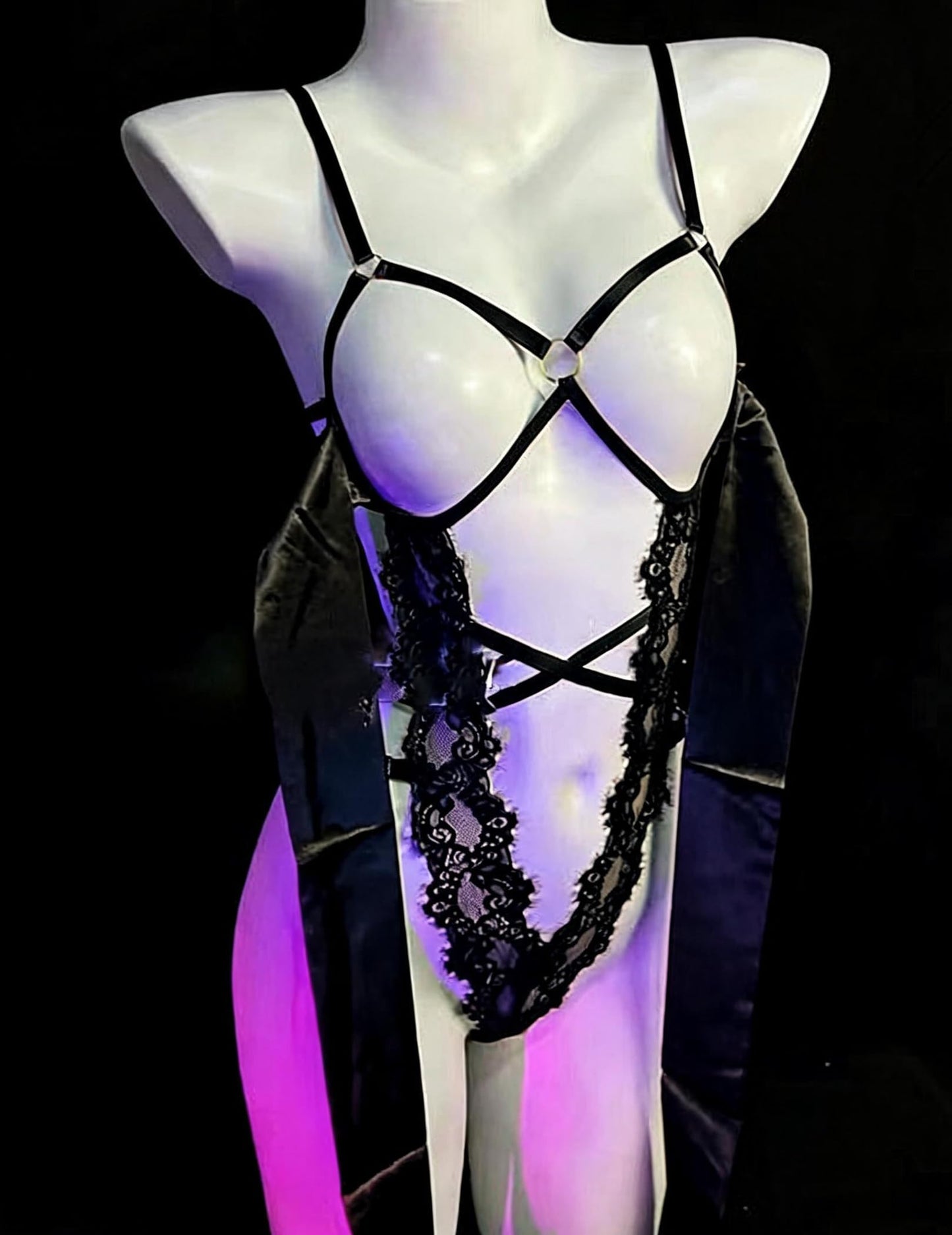 Black Lingerie for Women Lace One Piece Teddy Bow Tie Boudoir Bodysuit