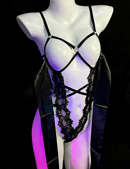Black Lingerie for Women Lace One Piece Teddy Bow Tie Boudoir Bodysuit
