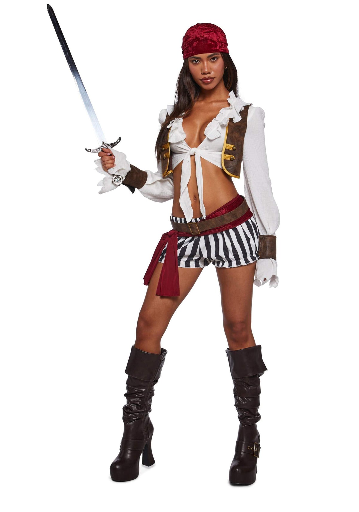 Dolls Kill Pirate Costume by Trickz N’ Treatz – Women’s Ruffled Crop Top with Vest, Striped Bloomers, Belt, Cuffs & Headscarf, X-Small