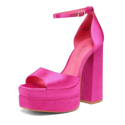Sissy Platform Chunky Heel Sandals,Hot Pink-Satiin - Feminization- Crossdressing
