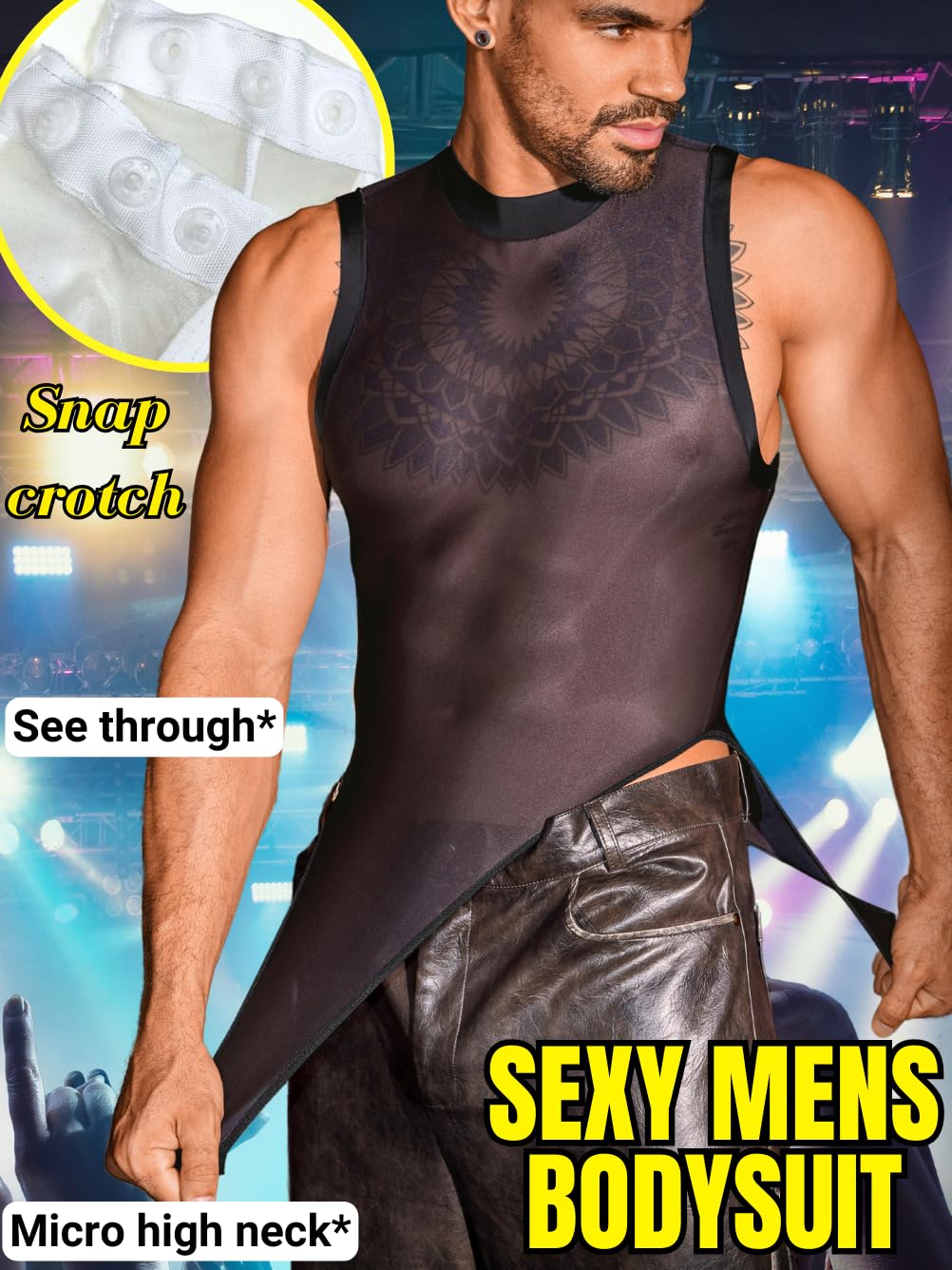 EHSUYAB Sexy Glossy Mens Lingerie Sheer, Snap Crotch Thong Leotard High Cut Muscle Suit, Mesh Rave Bodysuit Top Club Outfits Black One Size