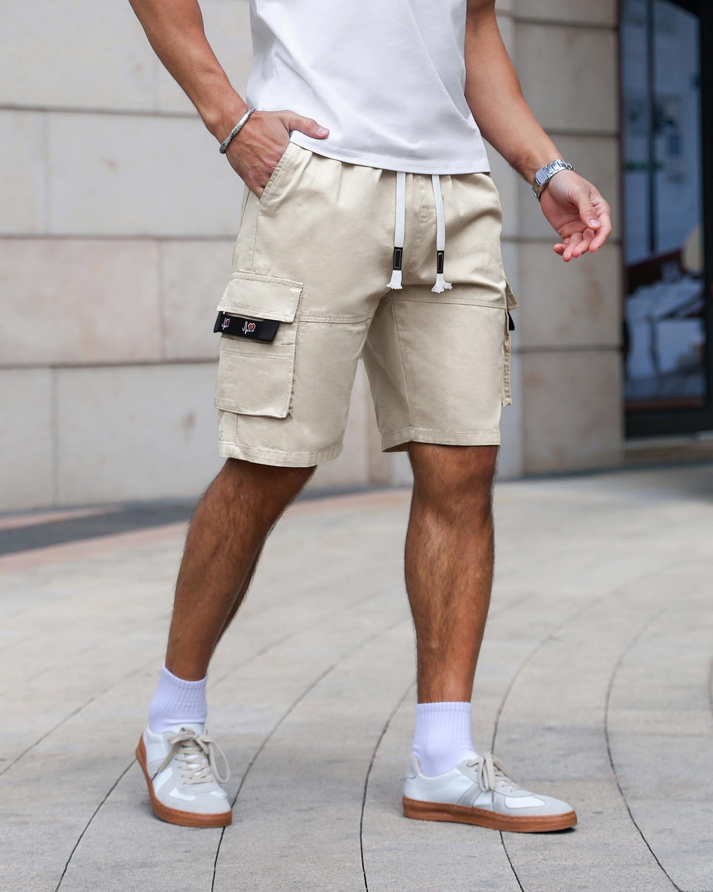 APTRO Men's Elastic Waistband Cotton Cargo Shorts Relaxed Fit Summer Casual Shorts A901 Beige L