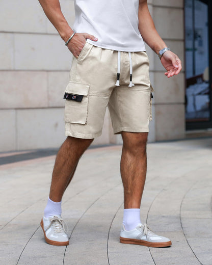 APTRO Men's Elastic Waistband Cotton Cargo Shorts Relaxed Fit Summer Casual Shorts A901 Beige L