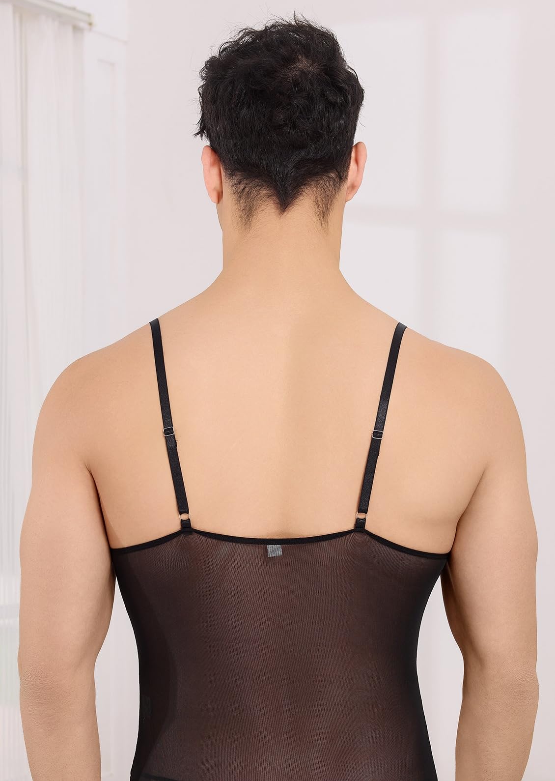 Men's Sissy Lingerie Bodysuit Sheer Lace Mesh Spaghetti Strap Cami Leotard Crossdress Underwear Black Medium
