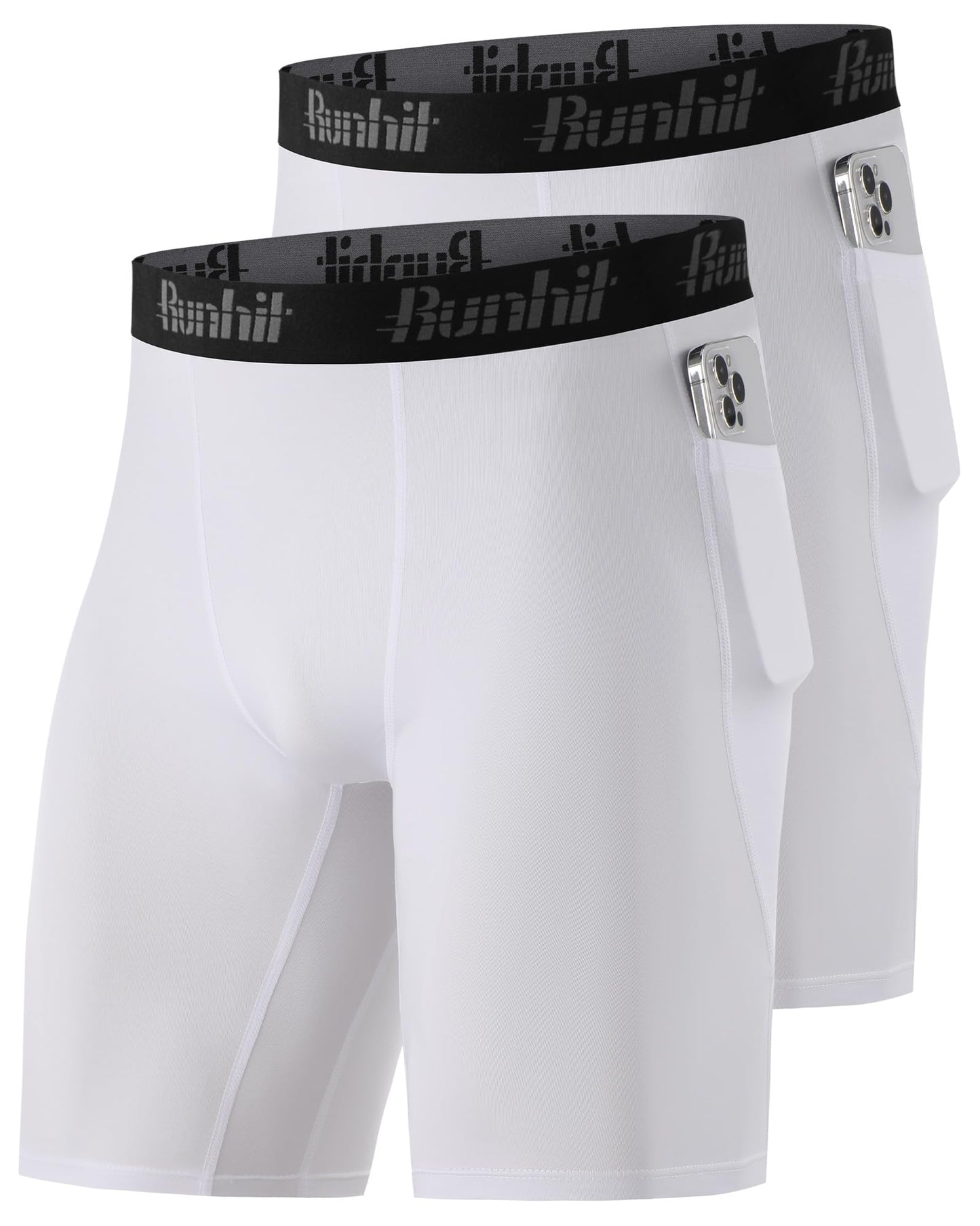 Runhit Mens Compression Shorts with Pocket, Spandex Athletic Workout Shorts, Performance Underwear Running 2 Pack White White S