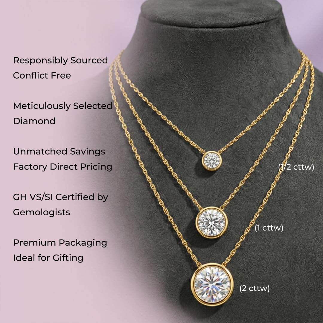 La Joya Bezel Set Necklace | 2 Carat Lab Created Diamond Necklace | Solid 10 Karat Yellow Gold Solitaire Floating Diamond Pendant | Certified by Gemologist | Ideal Diamond Jewelry for Women