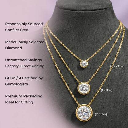 La Joya Bezel Set Necklace | 2 Carat Lab Created Diamond Necklace | Solid 10 Karat Yellow Gold Solitaire Floating Diamond Pendant | Certified by Gemologist | Ideal Diamond Jewelry for Women