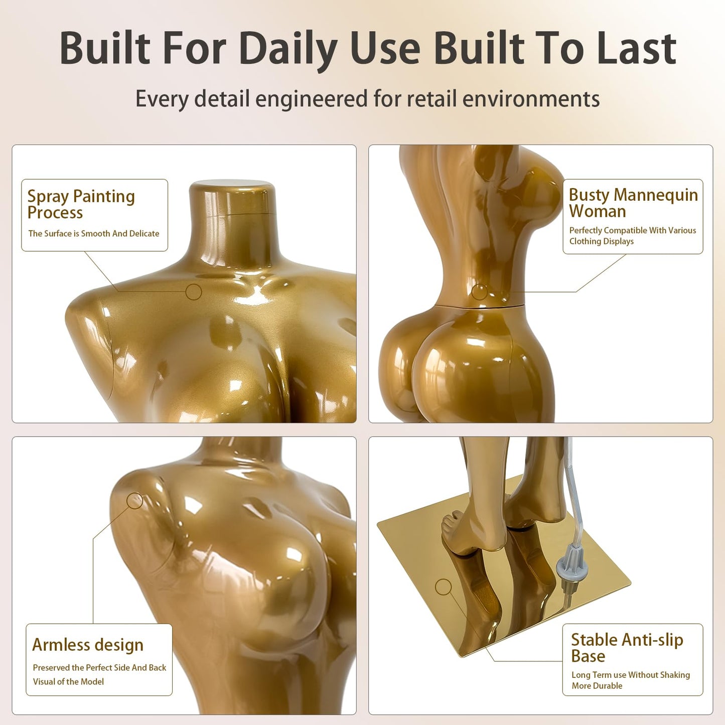 Glossy Gold BBL Full Body Female Mannequin Dress Form, Gold Armless Dress Form for Wedding & Lingerie Retail Store
