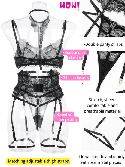Garter Lingerie Set For Women, Sexy Floral Lace, Strappy High Waisted Hide Belly, 4 Piece With Exotic Choker Belt,Black,Small