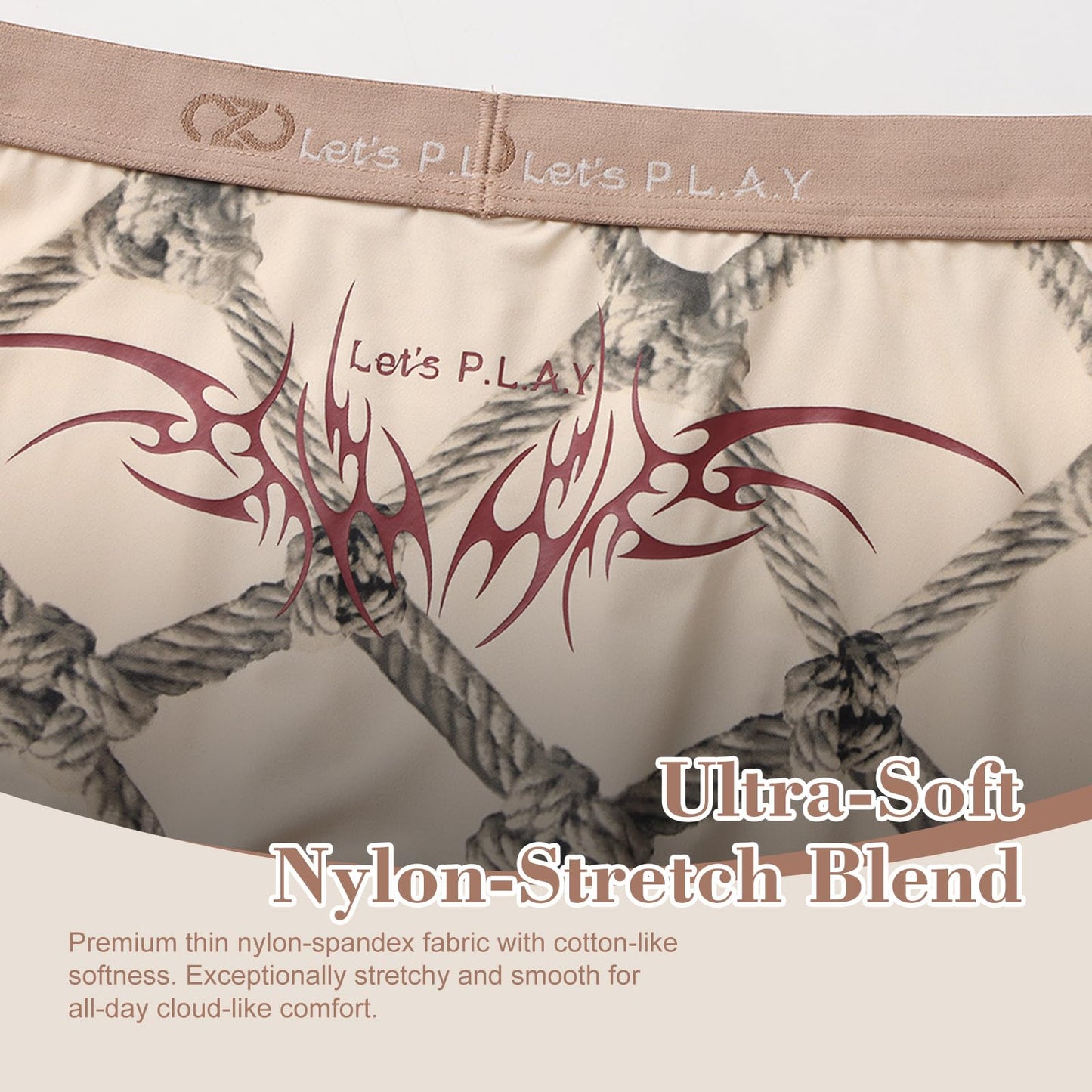 BSZN Men's Sexy Boxer Briefs, Beige Rope Shibari Print Devil Tail Back Mid Rise Ultra Soft Thin Sexy Lingerie