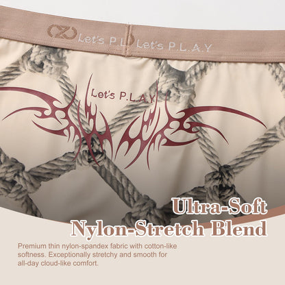 BSZN Men's Sexy Boxer Briefs, Beige Rope Shibari Print Devil Tail Back Mid Rise Ultra Soft Thin Sexy Lingerie