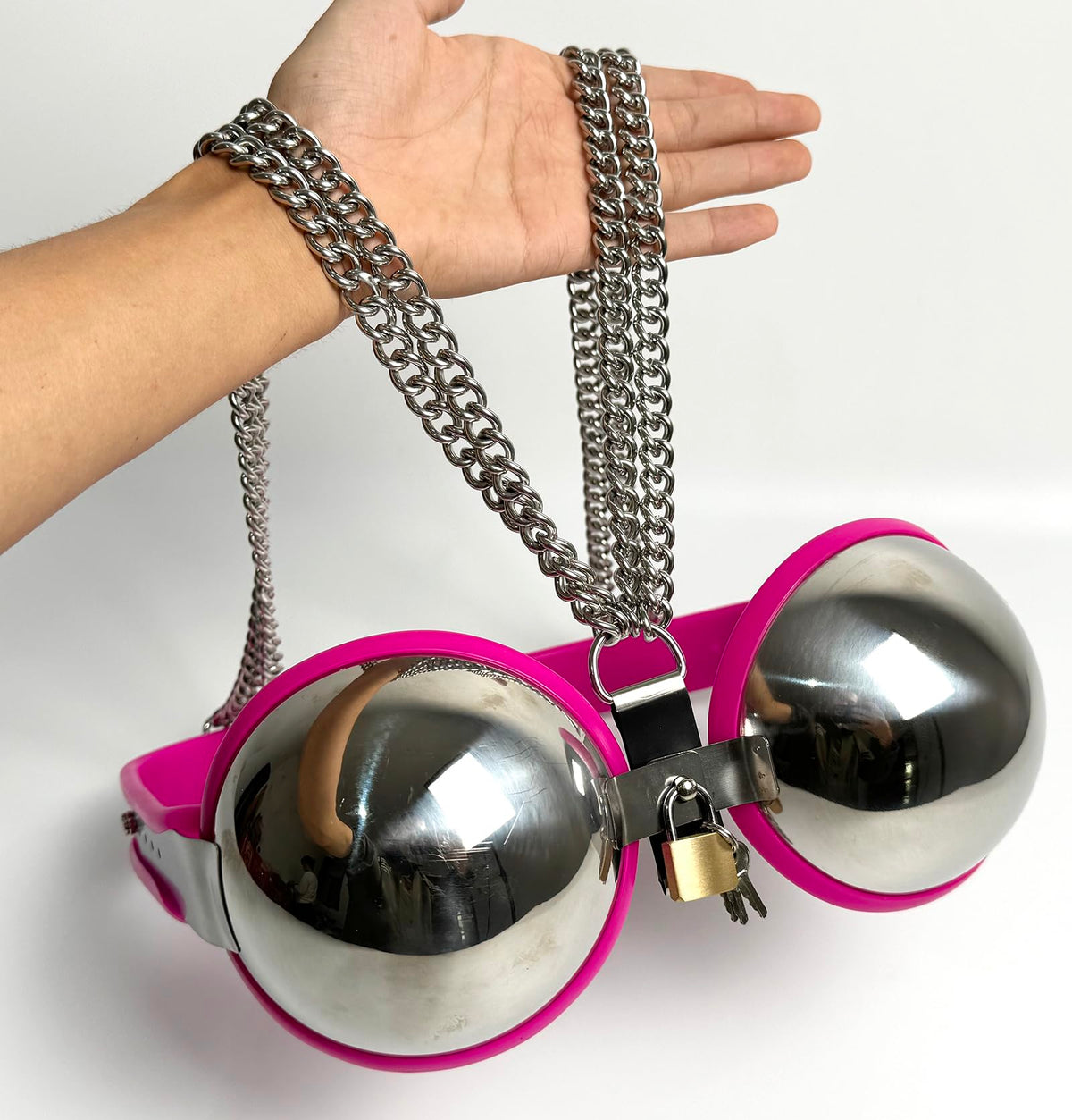 Female Chastity Device Bra Stainless Steel Adjustable BDSM Slave Metal Lockable Underwear Chain Bondage Game Erotic Slave Fetish Sex Toy (Pink)