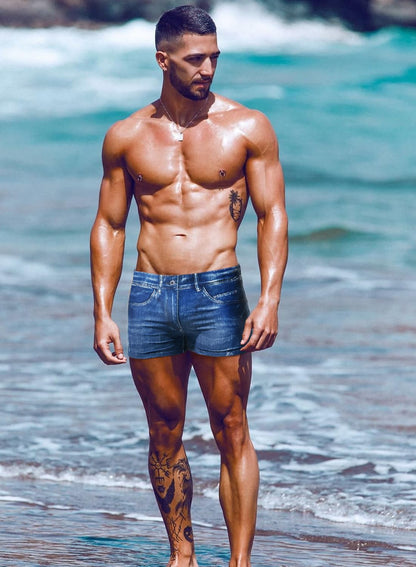 MIZOK Mens Denim Prints Swim Trunk Quick Dry Boxer Swimwear Square Leg Swimsuit Blue XL
