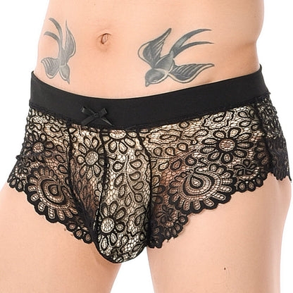 Men's Sissy Lace Panties Bowknot Low Waist Sheer Mesh Bikini Briefs Crossdressing Underpants Black Medium