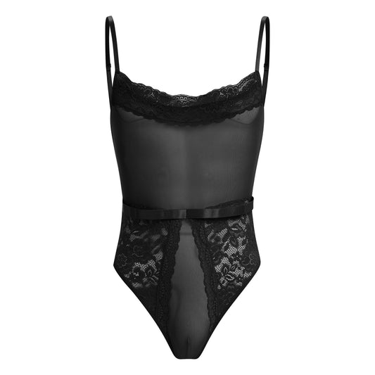 Men's Sissy Lingerie Bodysuit Sheer Lace Mesh Spaghetti Strap Cami Leotard Crossdress Underwear Black Medium