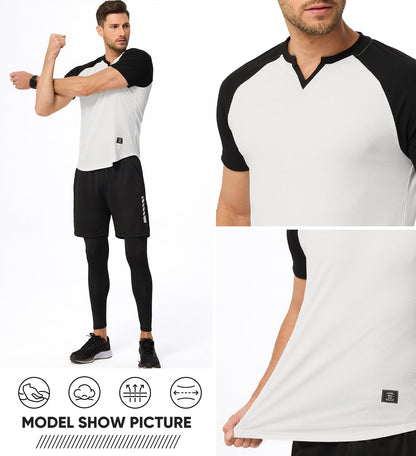 JMIERR Mens V-Neck Muscle Henley Shirt Patchwork Workout Gym Athletic Shirts Summer Fashion Short Sleeve Shirt for Men, M
