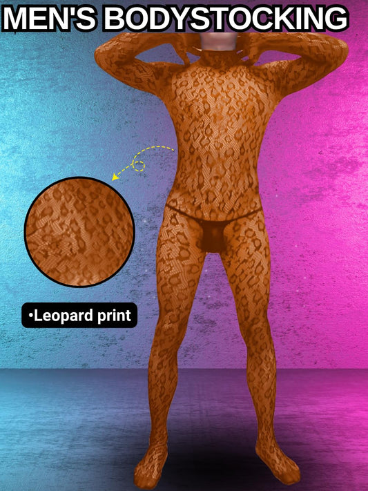 Rave Outfits For Men, Festival Party Clubwear, Leopard One Piece Full Lace Jumpsuit, Sexy Lingerie Costume Bodysuit One Size Brown