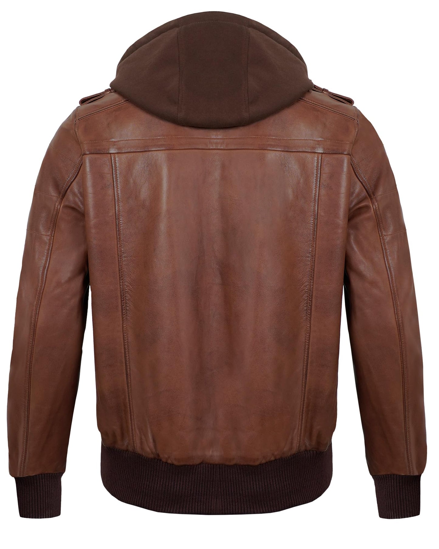 UrbanFocal Brown Leather Bomber Jacket Men - Real Lambskin Hooded Mens Leather Jackets | [101010006] Edinburgh Cognac, 2XL