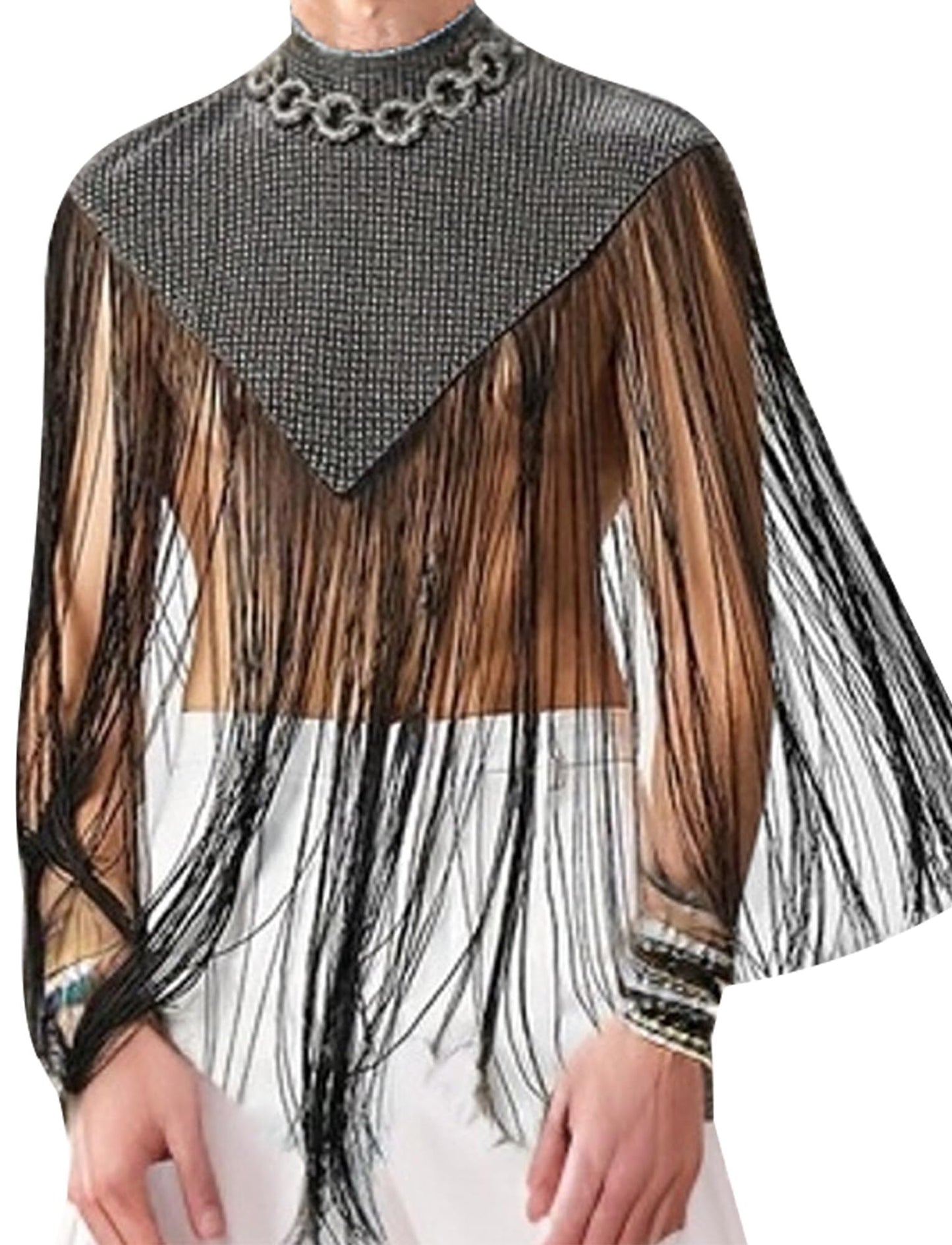 Men Tassel Shirts Patchwork Sequins Top Sleeveless See Through Fringe Trim Tank Top Night Out Rave Festival Costume Disco Tank