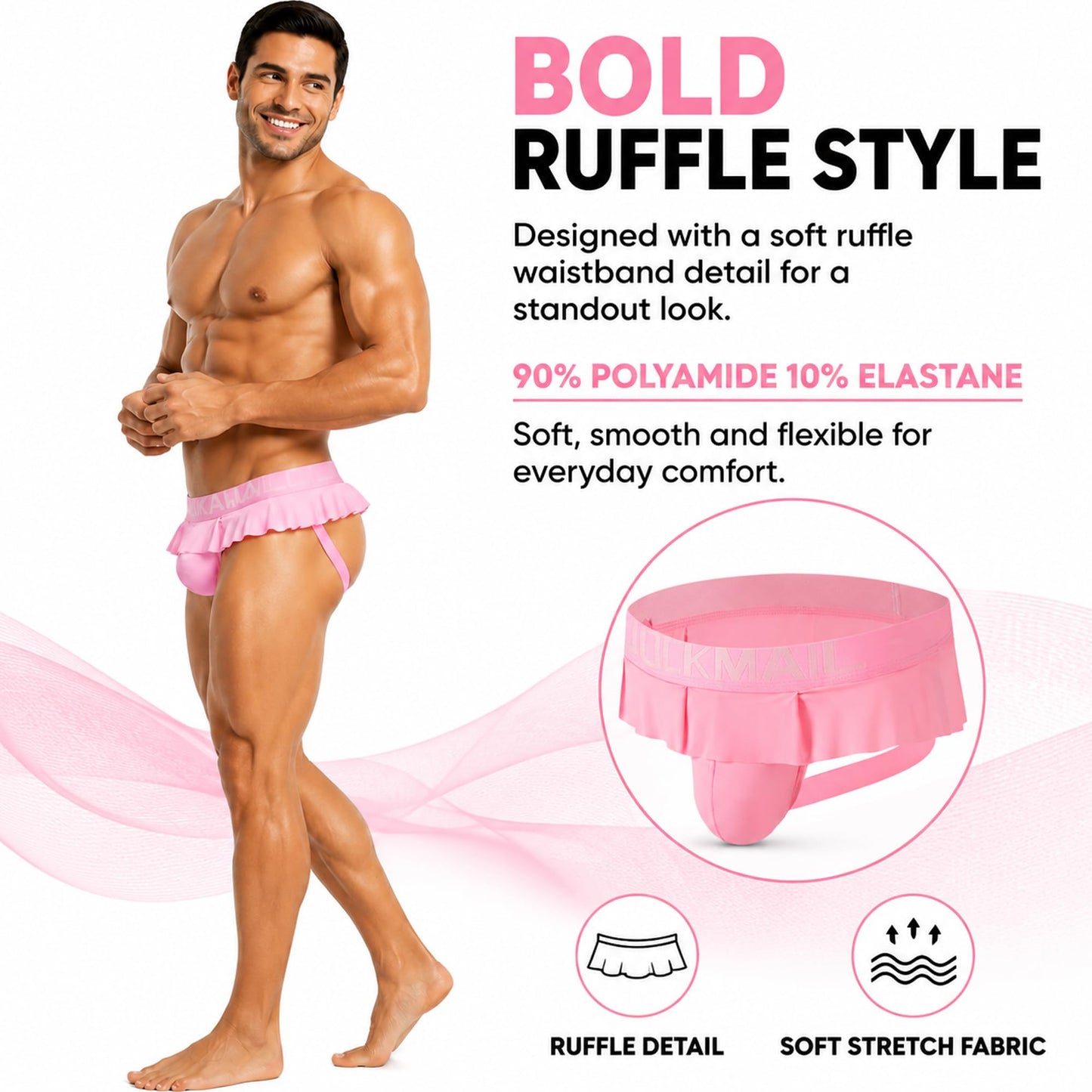 JOCKMAIL Mens Jockstrap Underwear Low Rise Ruffle Waistband Pouch Pink