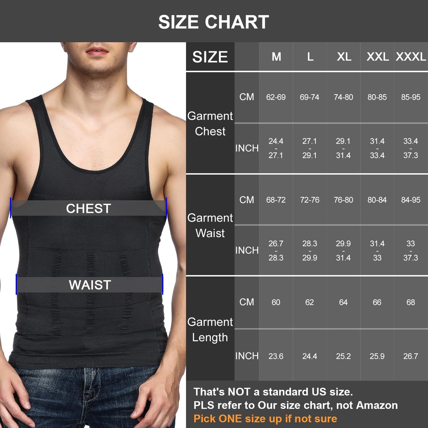 Odoland Mens 5 Pack Body Shaper Slimming Tummy Vest Thermal Compression Shirt Tank Top Shapewear, Black*5, L