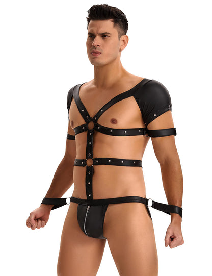 Mens Harness Faux Leather Bondage Sexy Mankini Costume One-piecs Thong Underwear with Jockstrap Bodysuit (Black, XL)