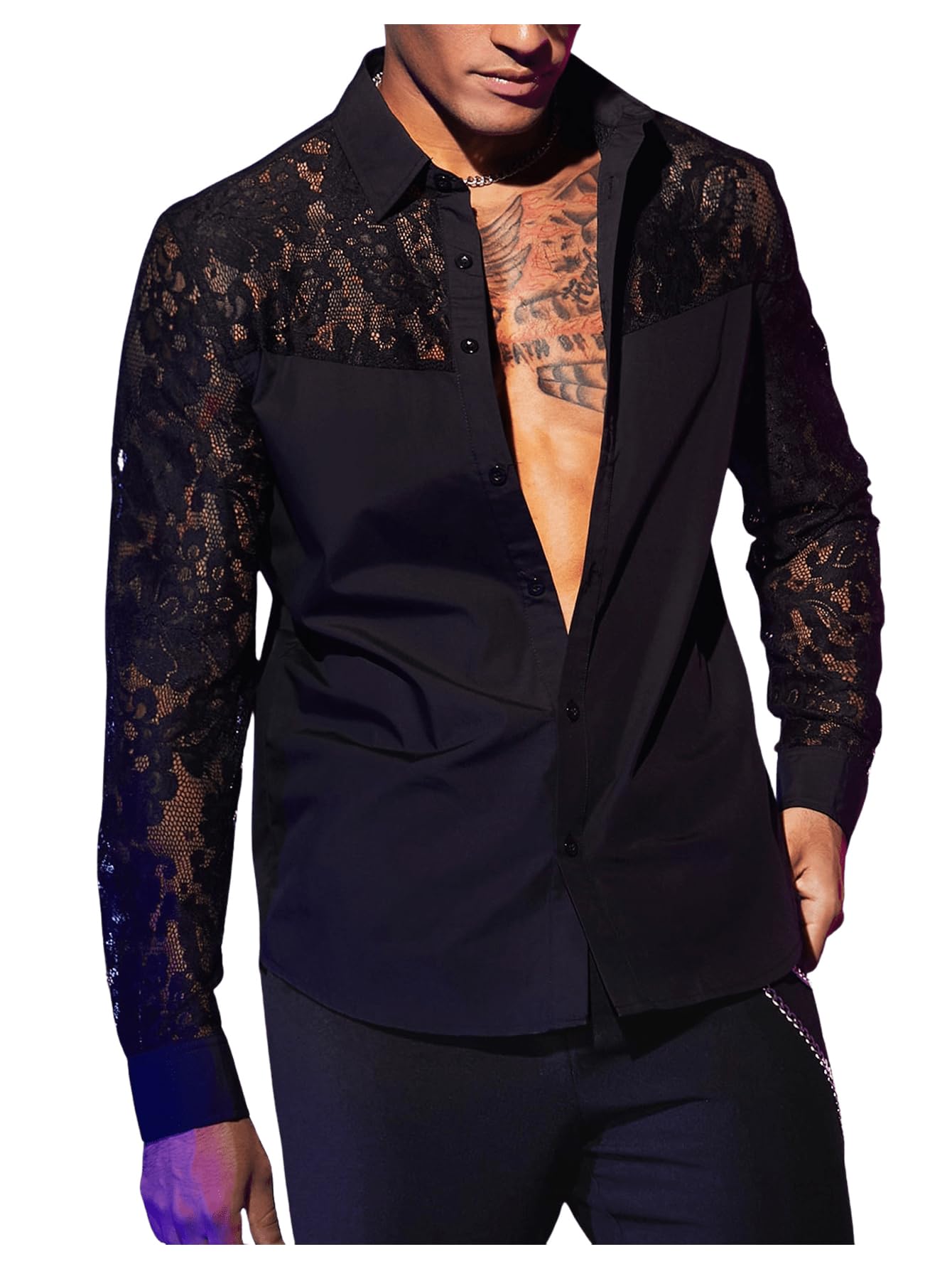 WDIRARA Men's Floral Lace Button Down Shirt See Through Long Sleeve Collared Top Sexy Clubwear Black Large