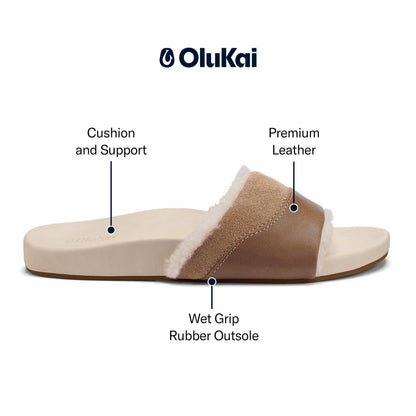 OLUKAI Ho'ala Slide Women's Leather Sandals, Premium Materials & Suede Details, Sheepskin Shearling & Durable Sole, All-Day Comfort & Wear, 9, Tan/Puka