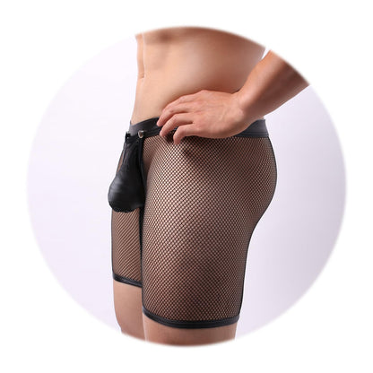 Evankin Men's See Through Sexy Mesh With Faux Leather Loose Shorts Pants Erotic Clubwear Button Removable Pouch(A4-50Hei,S)