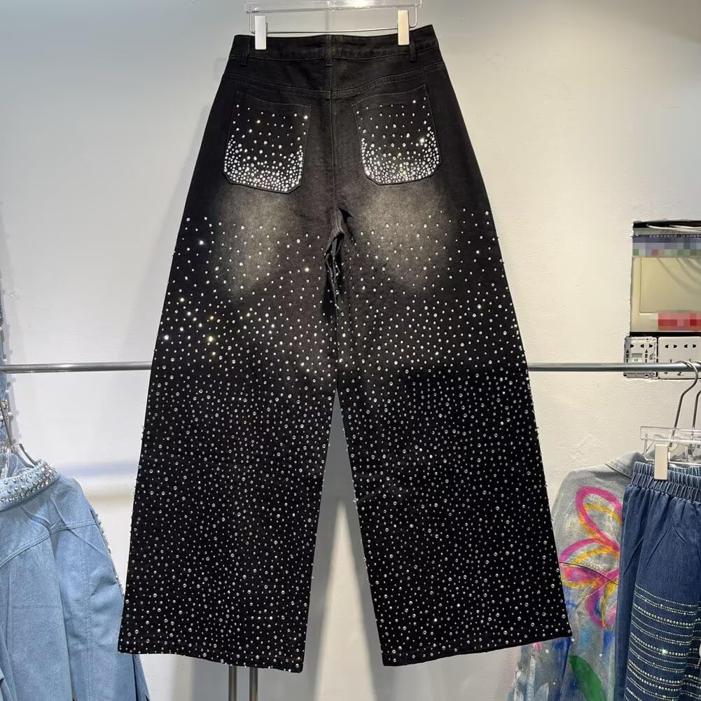 DYYLZYJ Rhinestone Jeans for Men High Waist Wide Leg Y2K Streetwear Embellished Bling Sparkly Glitter Jeans Black Medium