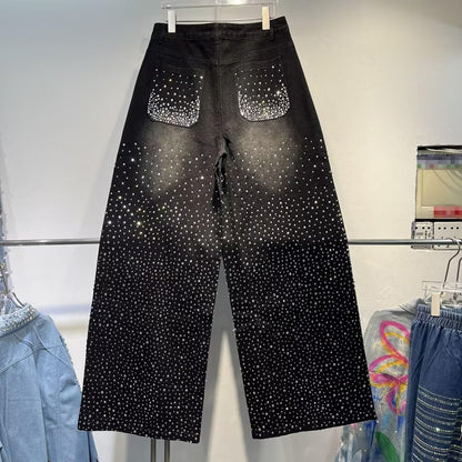DYYLZYJ Rhinestone Jeans for Men High Waist Wide Leg Y2K Streetwear Embellished Bling Sparkly Glitter Jeans Black Medium