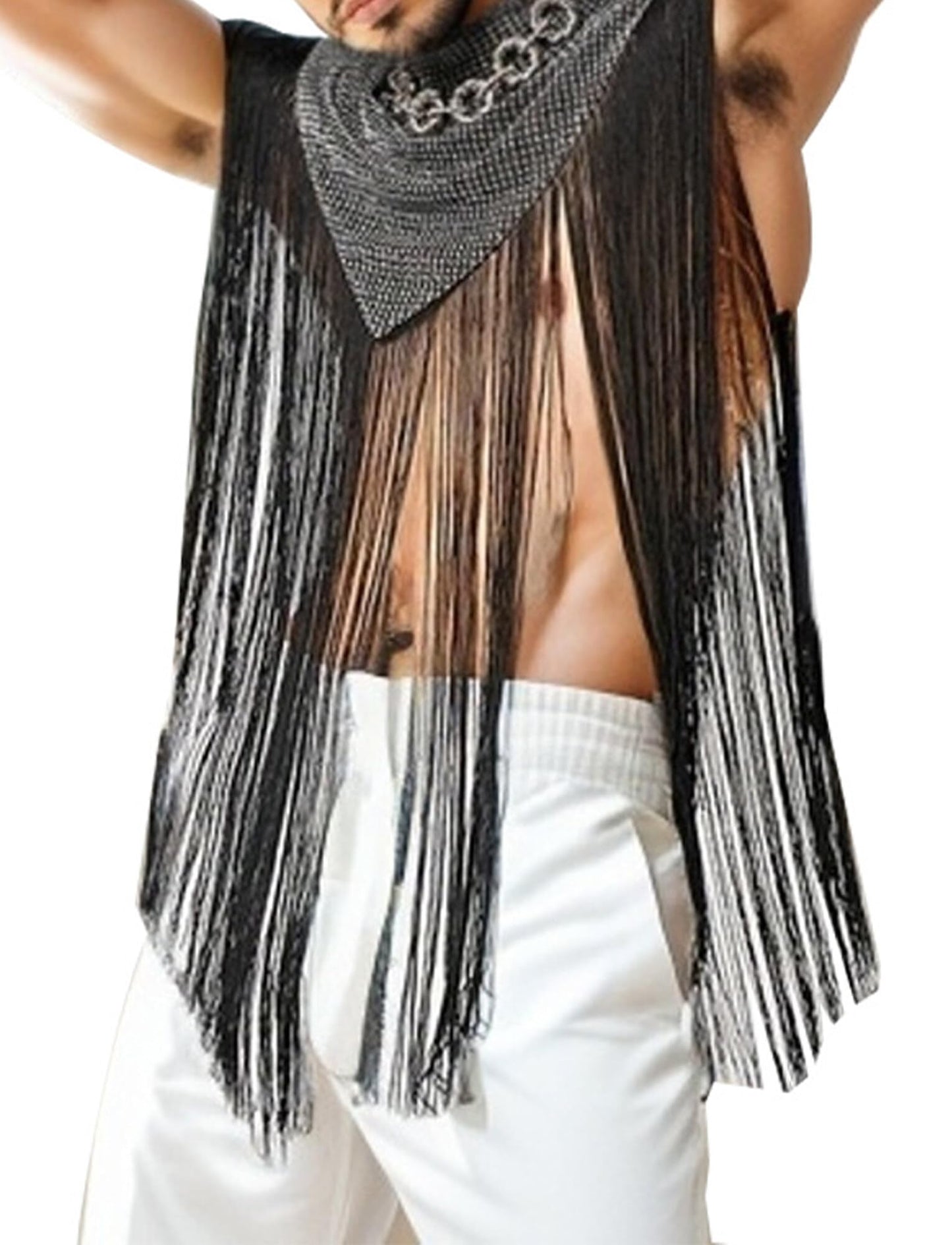 Men Tassel Shirts Patchwork Sequins Top Sleeveless See Through Fringe Trim Tank Top Night Out Rave Festival Costume Disco Tank