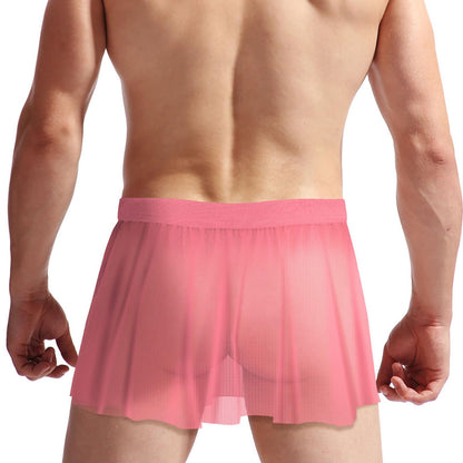 Mens Mesh Sissy Skirt Crossdressers Sexy See Through Skirts Underwear Nightclub Party Cosplay Costume (Pink)