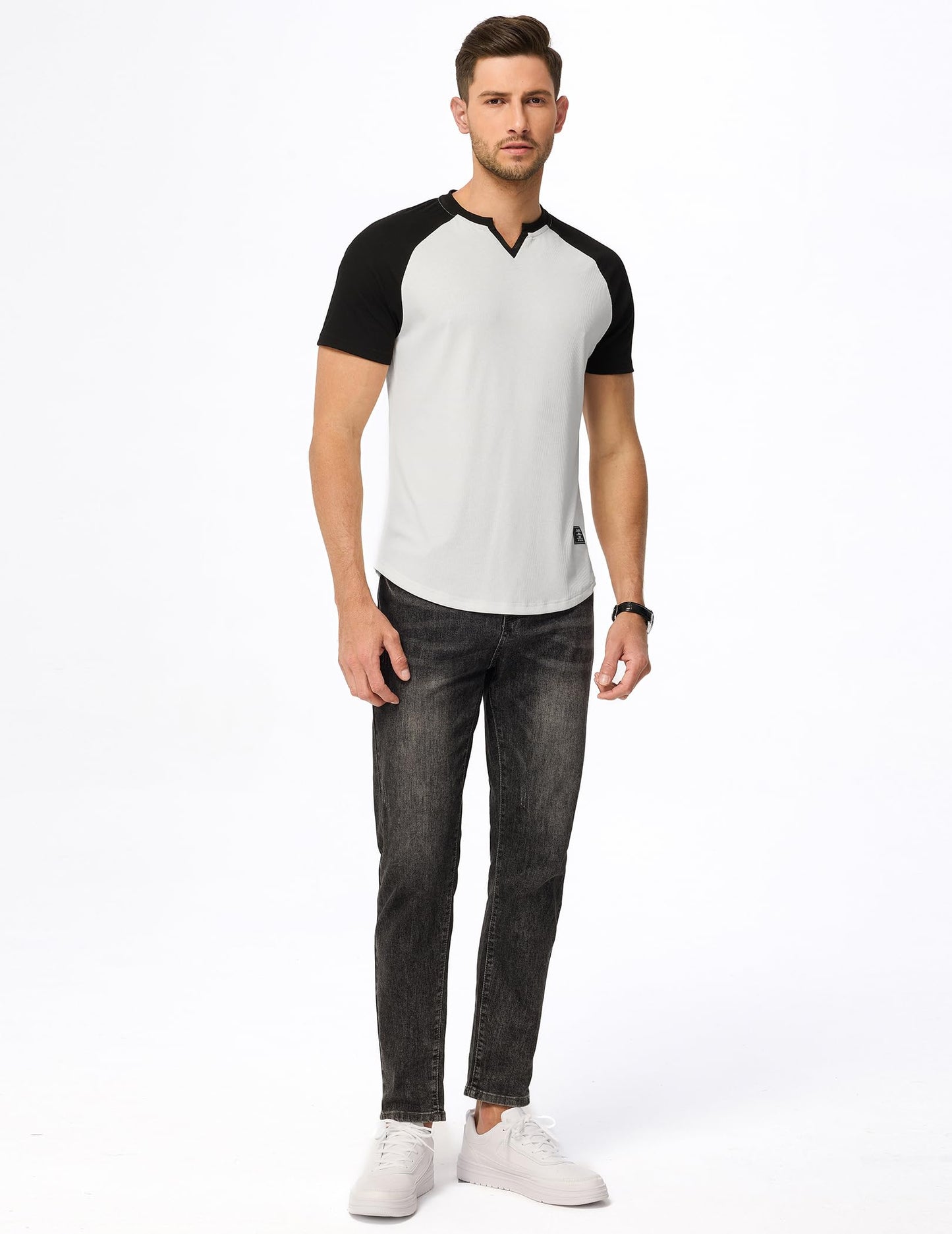 JMIERR Mens V-Neck Muscle Henley Shirt Patchwork Workout Gym Athletic Shirts Summer Fashion Short Sleeve Shirt for Men, M