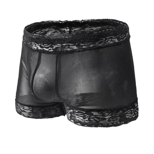 Tynver Men's Lace Boxer Briefs, Sheer Floral Lace Underwear, Breathable See-Through Trunks(black,one size)