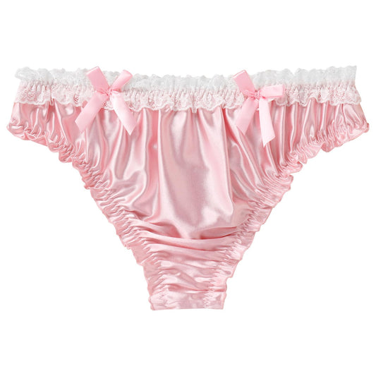 Men's Satin Frilly Lace Trim Sissy Bowknot Thong Panties Elastic Waist G-string Briefs Underwear Pink XX-Large