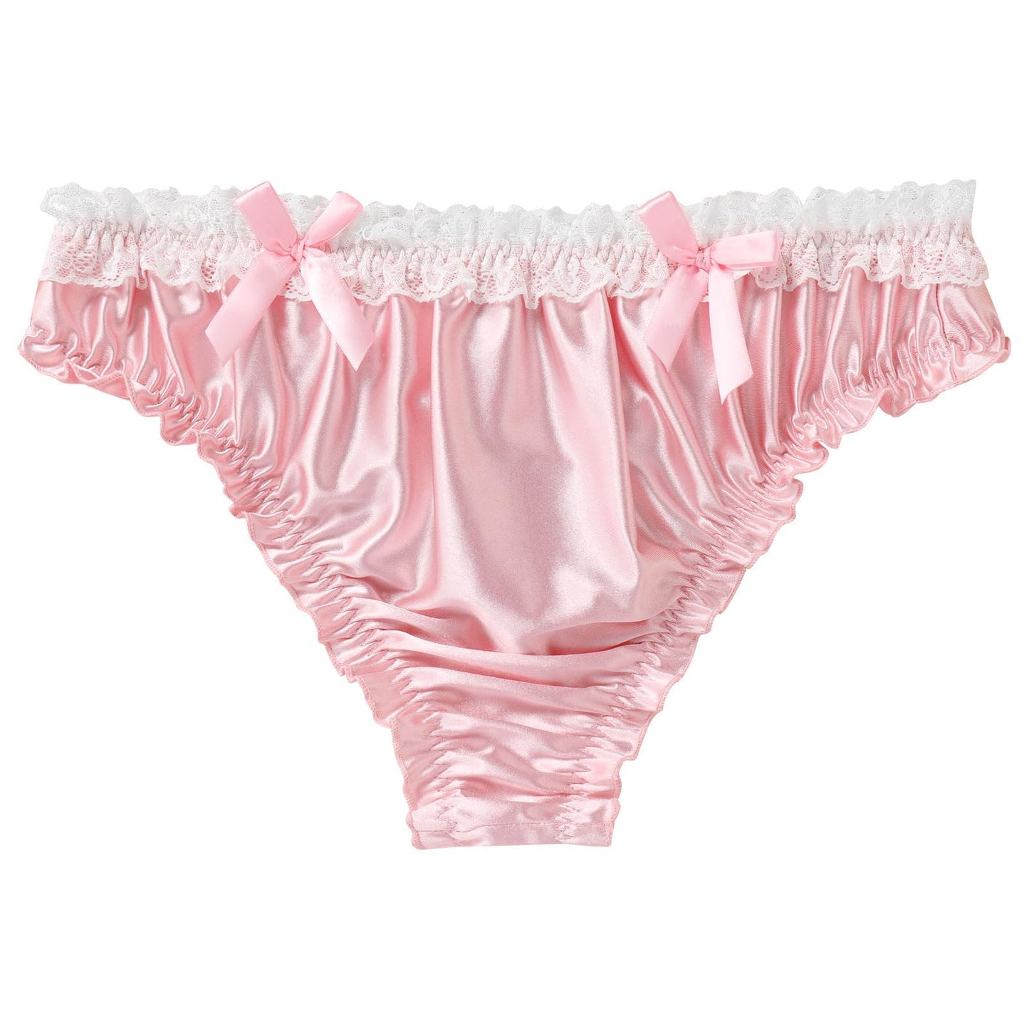 Men's Satin Frilly Lace Trim Sissy Bowknot Thong Panties Elastic Waist G-string Briefs Underwear Pink X-Large