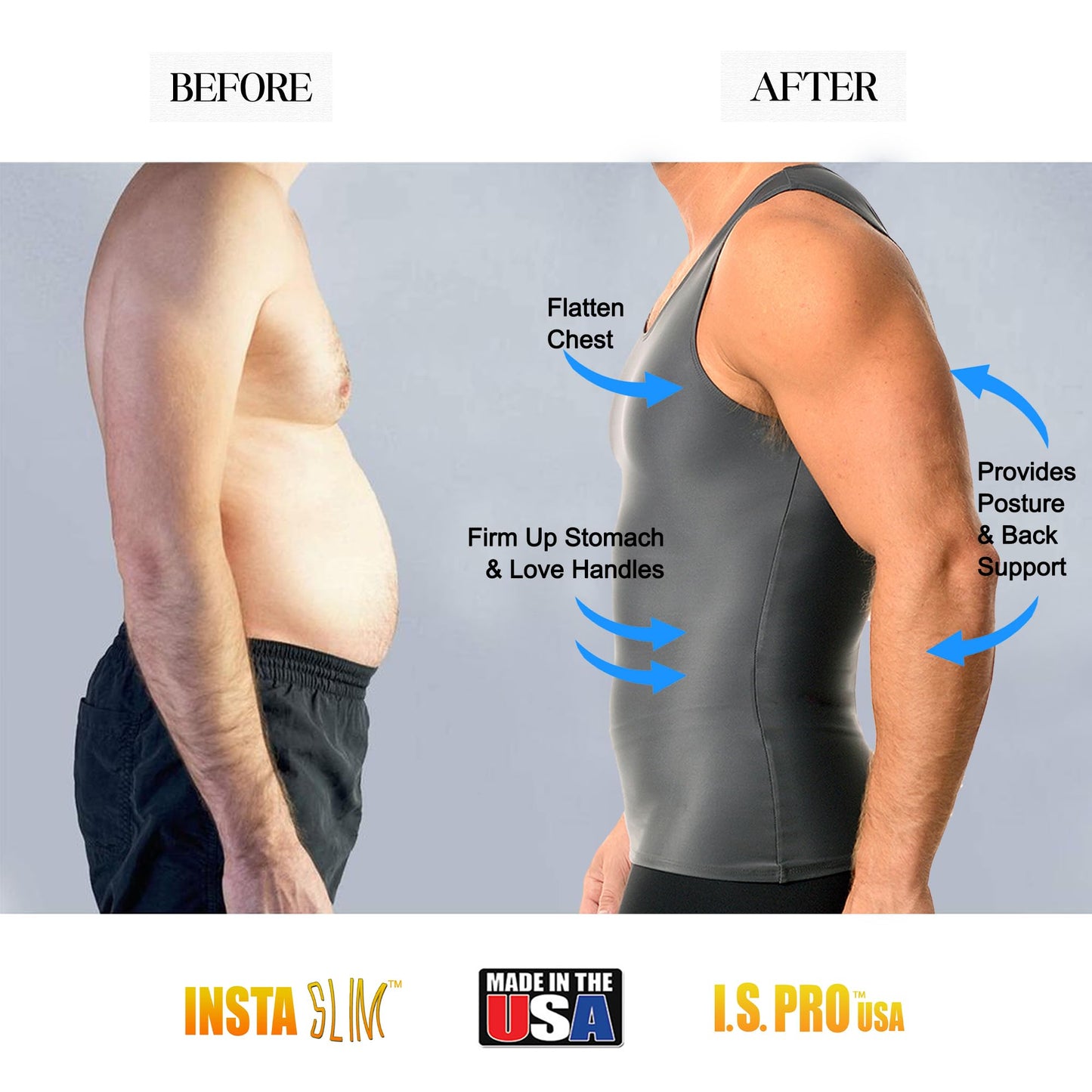 Insta Slim -Made in USA- Compression Tank-Top Shapewear for Men. Tummy Control Slimming Body-Shaper Undershirt for Back Support, Beer Belly, and Gynecomastia (Gunmetal-Large)
