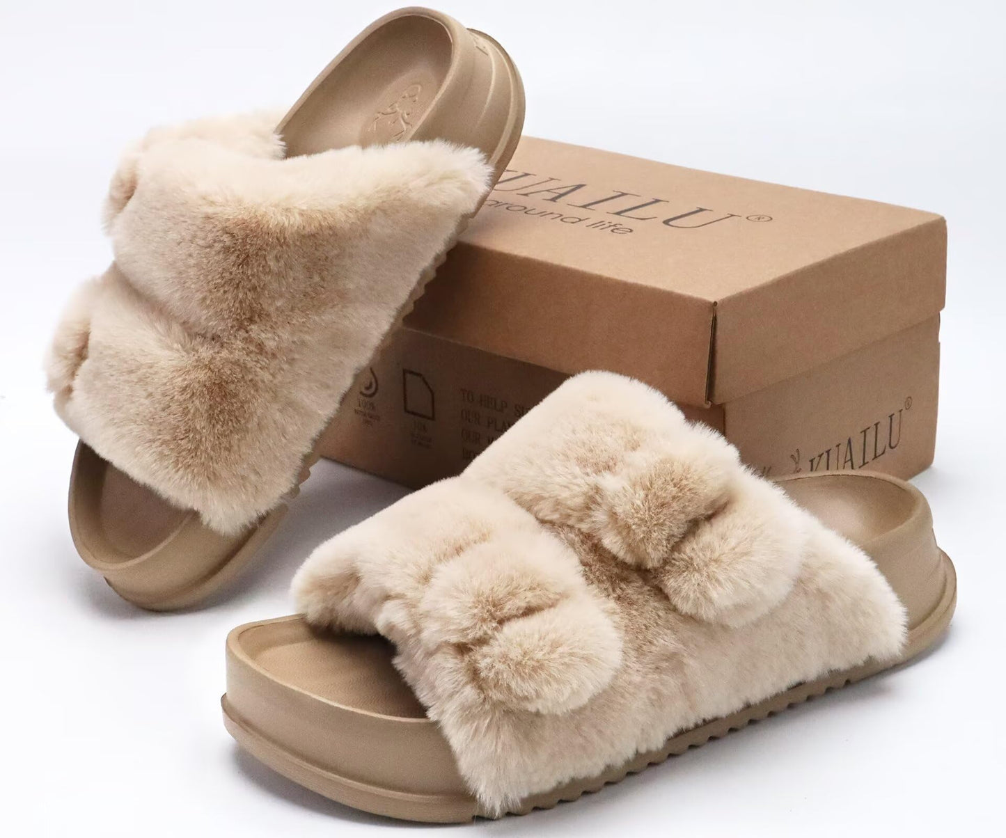 KuaiLu Womens Orthotic Slides Fuzzy House Slippers For Plantar Fasciitis