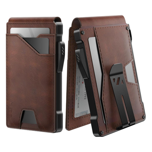 typecase Tactical Wallet for Men Card Holder: Pop Up Card Case, Genuine Leather, Smart, RFID Blocking, Slim, Minimalist, Thin, Front Pocket - 9-13 Card Capacitiy, ID Window, Money Clip (Brown)