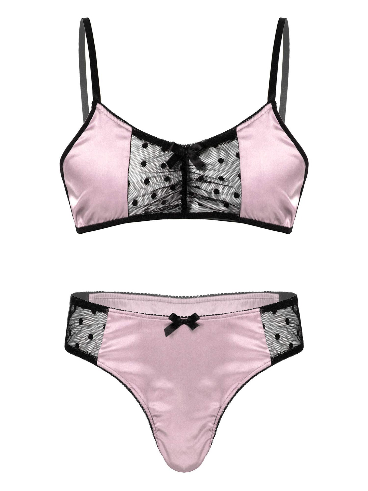 Men's 2Piece Sissy Shiny Satin Cross Dresser Lingerie Set Bra Tops with Girly Panties Pink